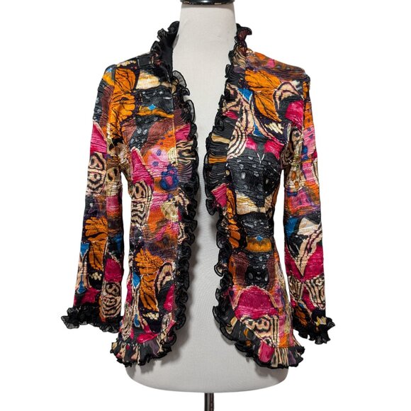 Alberto Makali Womens Size L Crinkle Abstract Butterflies Ruffle Open Front Top - Picture 2 of 9
